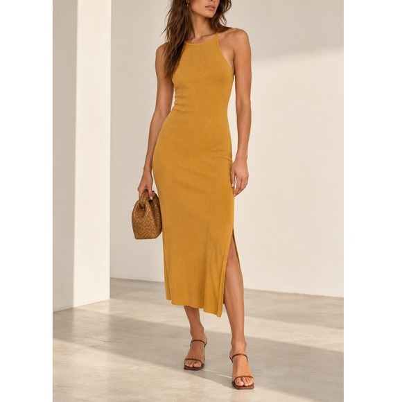 Spell Dresses & Skirts - Spell Cosmos Rib Midi Dress Small Turmeric Sleek Ribbed Minimal Silhouette